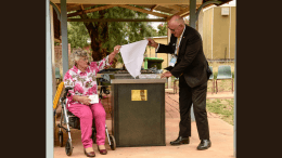 Ruby Stevenson and Allan Sparkes unveiling the Faye and Noel Green Memorial BBQ plaque. Image Credit: Barry Green