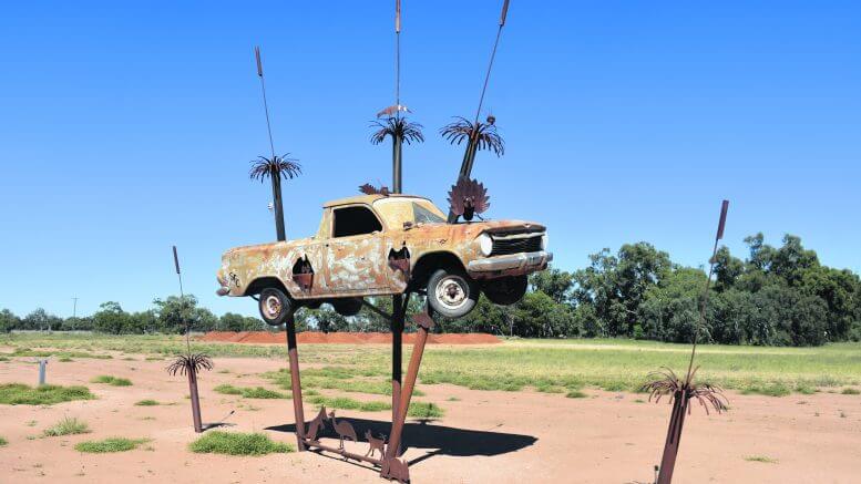 Ute-opia by Stephen Coburn on an 1962 EJ Ute donated by Margaret Sanderson. Memories of highways pass through her windscreen and back window as at the end of her transport life her decaying body becomes shade and a sanctury for wildlife. Image Credits: Melissa Blewitt