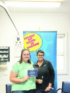 Clancy McCauley and Catherine Jarvis had their first dose of the AstraZeneca COVID-19 vaccine at Tottenham on 29 March. Image Credit: Western NSW Local Health District (WNSWLHD).