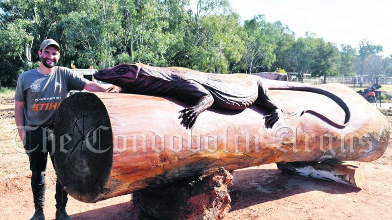 Chainsaw artist Brandon Kroon (BK Carving) has completed a magnificent Redgum Goanna carving from a log that measured nearly five metres in length and 1.2 metres in diameter. It is expected the Redgum Goanna will grace the outside of Condobolin’s new Visitor Centre, which is scheduled for completion in June 2022. Image Credit: Melissa Blewitt.