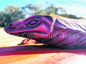 An up close look at the Redgum Goanna artwork that has been completed by Chainsaw artist Brandon Kroon (BK Carving). Image Credit: Melissa Blewitt.