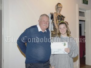Councillor Dennis Brady with Indiana Lemmon (Highly Recommended High School category).