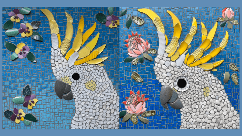 Local resident Kelly Mackey (Mac_mosaics) made ‘Cocky’ as a commission piece that went to a Melbourne client. Both the sulphur crested cockatoo and purple and yellow pansies have a special connection to the client and her family. Image Credit: Mac_mosaics Facebook Page.