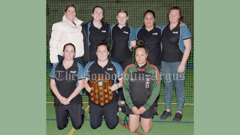 Victorious Titans: Amy Smith, Liz Cusack, Dimiti Taylor, Nicky Read and Sarah Pawsey (back row); together with (front row) Hayley Ireland, Eryn Wheeler and Belinda Coe. Image Credit: Kathy Parnaby.