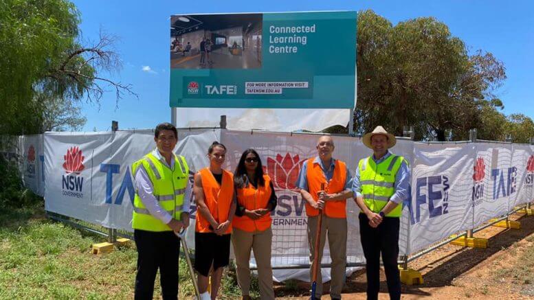 Minister for Skills and Tertiary Education Geoff Lee, Representatives from TAFE NSW Western, Cobar Mayor Peter Abbott and Sam Farraway MLC at the site of the new $ 8.5 million TAFE NSW Connected Learning Centre (CLC) and Multi-Trades Hub in Cobar earlier this year. Image Contributed.
