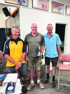  L-R - Terry Galvin with the B Grade winners Tony Grady proudly holding their trophy and Glen Morgan.