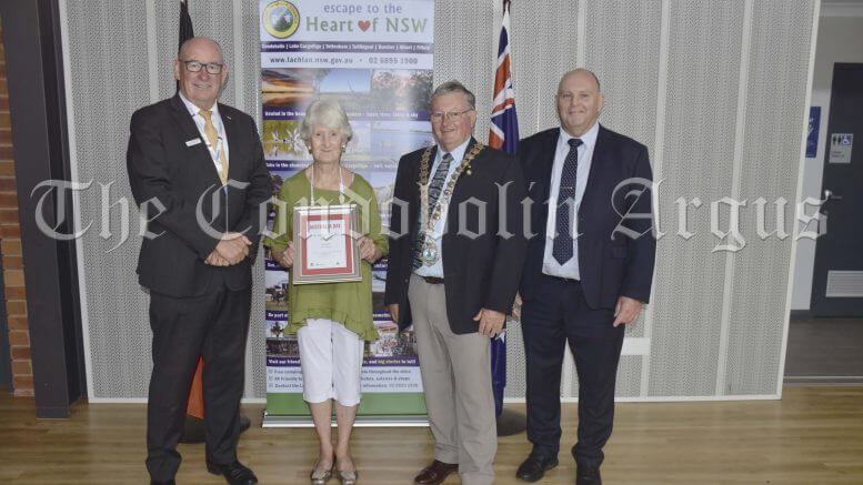 Gail Copeland, who has left Condobolin after 76 years (second from left) with Lachlan Shire Australia Day Ambassador, Allan Sparkes, CV, OAM, VA, FRSN, Councillor John Medcalf OAM and Lachlan Shire Council General Manager Greg Tory at the 2021 Australia Day Awards. Image Credit: Melissa Blewitt.