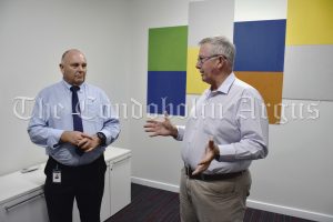 Lachlan Shire General Manager Greg Tory and Federal Member for Parkes Mark Coulton at the Condobolin Youth Centre, which was renovated thanks to $363,698 in funding through the Federal Government’s LRCI program. MB.