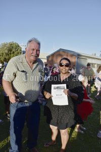 Councillor Dennis Brady with Raylene Richards who won a $50 voucher, donated by Foodworks Condobolin.