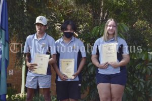 Tyler Bell, John Desiderio and Eliza Saunders received Awards in recognition of 100 per cent attendance during 2021. Image Credit: Melissa Blewitt.