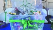 The raffle prize, full of snacks and treats. All green to fit the theme of Saint Patrick's Day.