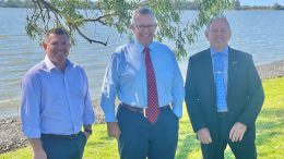 Minister for Western NSW Dugald Saunders and Federal Member for Parkes Mark Coulton with Lachlan Shire Council Deputy Mayor Paul Phillips. Lake Cargelligo has received $1.8 million funding for the Lake Cargelligo Tourism Activation Project. Image Contributed.