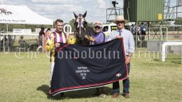 Jockey Brent Evans, Trainer Connie Greig and Condobolin Picnic Race Club President Jamie Gibson with Inland Petroleum Condobolin Picnic Cup winner Valadyium. Image Credit: Kathy Parnaby.