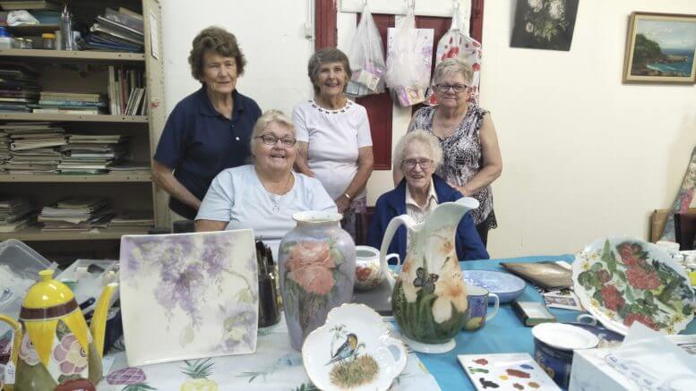 Condobolin China Painting Club members (at back) Laurel Gibson, Vad Carey and Marion Guthrie; along with (front) Joy Barby and Sylvia Dadd. Mrs Dadd is moving to Bathurst after 57 years in Condobolin. Image Credit: Lynette McCumstie