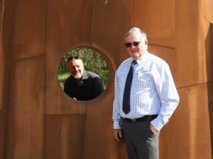 Lachlan Shire Mayor John Medcalf OAM with Sculptor David Ball at the ‘Wandering’ sculpture, that is part of the part of the Sculpture Down the Lachlan Trail. Image Credit: Lachlan Shire – The Heart of NSW Facebook Page.