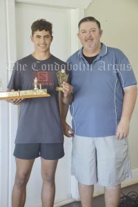  Braith Sloane was named Under 17s Most Improved. He also took the most catches. He is pictured with Coach Ian "Grimmy" Grimshaw. Image Credit: Melissa Blewitt.