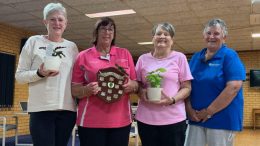 Sue Hart (far right) presented Ivy and Jean Round Robin winners Colleen Robertson, Leanne Imrie and Sharon Benson with their prizes. Image Contributed.