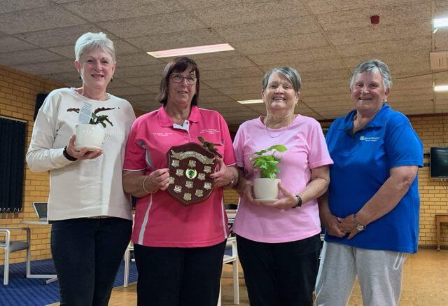 Sue Hart (far right) presented Ivy and Jean Round Robin winners Colleen Robertson, Leanne Imrie and Sharon Benson with their prizes. Image Contributed.
