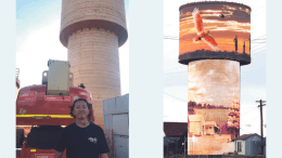 Right - A concept design of what the water tower will look like once painting is completed. Left - Melbourne-based artist Heesco pictured at the Lake water tower before starting the project.