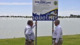 Lachlan Shire Council Mayor John Medcalf OAM and Federal Member for Parkes Mark Coulton pictured at Gum Bend Lake. Stage three of the Gum Bend Lake shared pathway is among 11 projects rolling out across the shire thanks to more than $4.25 million in funding provided under Phase 3 of the Local Roads and Community Infrastructure program. Image Credit: Melissa Blewitt.