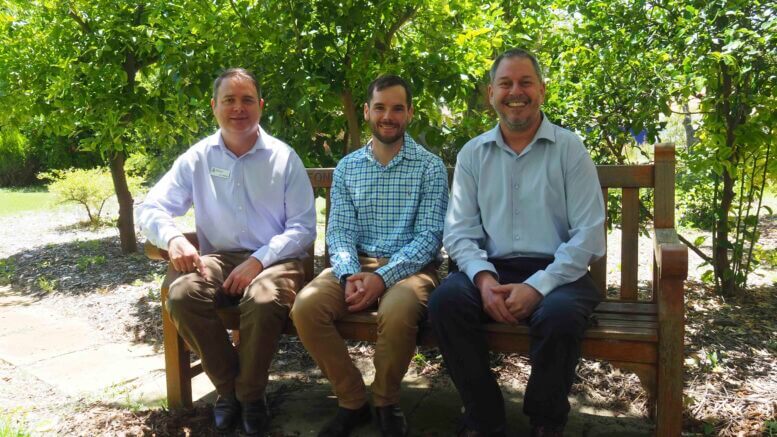 Brenton Leske (centre) has added further knowledge to the physiological understanding of the impact of frost on wheat in Australian environments through his recently attained PhD studies guided by DPIRD Chief Scientist, Dr Ben Biddulph (left) and Senior Deputy Vice-Chancellor Professor Tim Colmer, UWA. Image Credit: Dr Sue Knight.