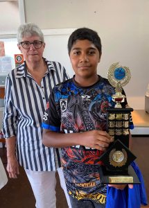 Tyler Dargin was the winner of the Ian and Shirley Bell Trophy for 12 Years Champion Boy. Tyler also received the MPS Carnival Participation Trophy. He is pictured with Betty Jones. Image Credit: Condobolin Amateur Swimming Club Facebook Page.