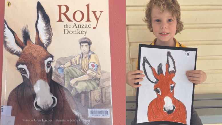 The book the students read, called 'Roly the Anzac Donkey', and a students amazing artwork.