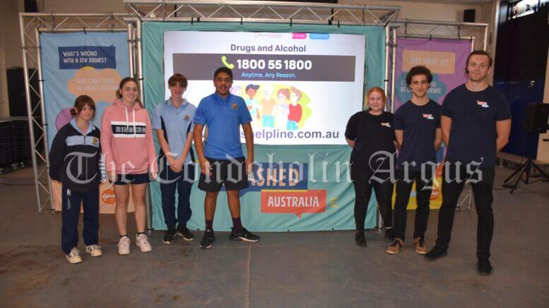 Condobolin High School students Gemma O’Bryan, Arabella Blewitt, Jadon Pawsey and Ernie Peterson with Matthew Robson, Lemuel Appel and Rayelle Robin, who performed in Smashed Live at Condobolin High School on Monday, 16 May. Smashed Live is a global education program dedicated to reducing underage alcohol consumption. Image Credit: Melissa Blewitt.