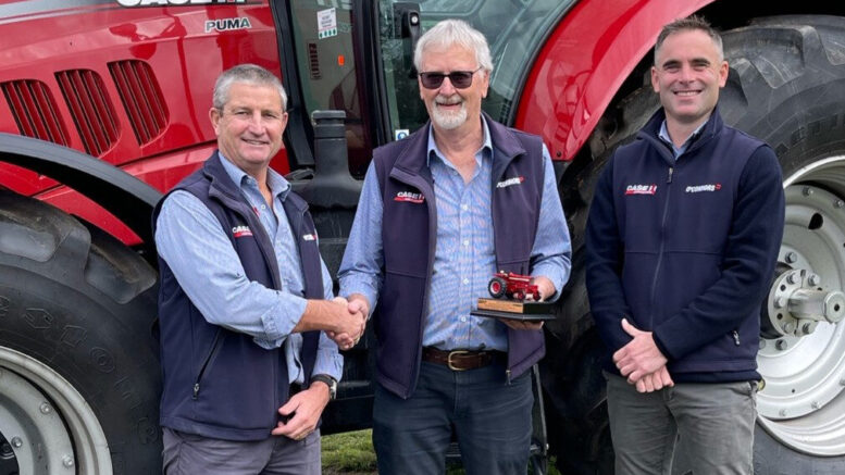 John Gould, centre, was honoured at a recent branch celebration. He’s pictured with branch manager Anthony Davies, left, and Gareth Webb, O’Connors’ CEO. Image Contributed.