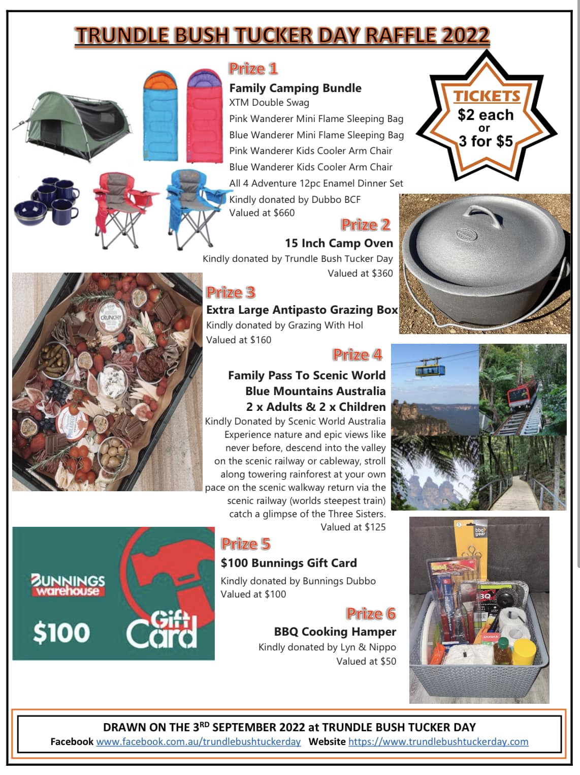 Prize 1: Sylvia Beattrie - Family Camping Bundle, donated by Dubbo BCF (Valued at $660). Prize 2: Janelle Malouf - 15 Inch Camp Oven, donated by Trundle Bush Tucker Day (Valued at $360). Prize 3: David Brennan - Extra Large Antipasto Grazing Box, donated by Grazing with Hol (Valued at $160). Prize 4: Garry Russel - Family Pass to Scenic World Blue Mountains Australia 2x Adults and 2x Children, donated by Scenic World Australia (Valued at $125). Prize 5: Kyle Payne - $100 Bunnings Gift Card, donated by Bunnings Dubbo (Valued at $100). And Prize 6: David Brennan - BBQ Cooking Hamper, donated by Lyn and Nippo (Valued at $50). Image Credit: Trundle Bush Tucker Day Facebook Page.