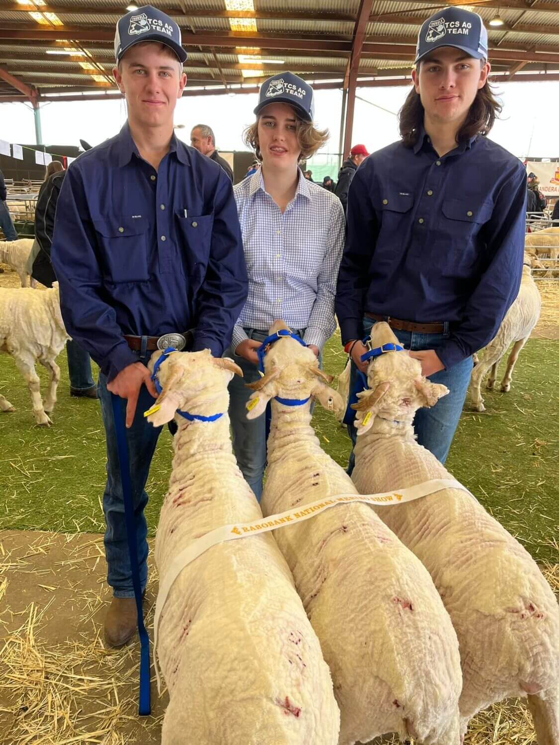 Max Longhurst, Dani Lowe and Blair MacDonald with the 3rd place carcase wether team.