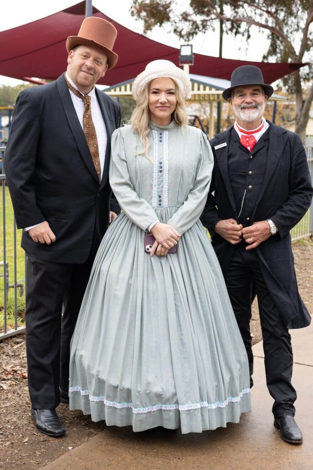 Craig Sutton of Bland Shire Council Bec McDonell of Bland Shire Council and Kerry Keatley Ungarie Advancement Group President in their attire for the reenactment of ‘Blue Cap’ the Bolagamy Bushranger.