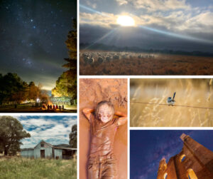 A collage of all the winners from the 2022 Central West is Best Photography Competition. Image Credits: ‘Yarn around the campfire’ taken by Craig Murphy at Hill End, ‘Into the light’ taken by Poppy Starr at Cowra, ‘On the wire’ taken by Maddy Barnes at Orange, ‘Galatic Ruins’ taken by Mitchell Kable at Lithgow, ‘Rory in the mud’ taken by Amelia O’Reilly at Tullibigeal, ‘If a shed could tell a story’ taken by Ella Gibson at Baldry.