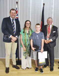 Coden Stenhouse from Lake Cargelligo was recognised with the Sportsperson of the Year Award (third from left). He is pictured with NSW Minister for Regional Transport and Roads Sam Farraway, 2023 Lachlan Shire Australia Day Ambassador Carolyn Mee, and Lachlan Shire Mayor John Medcalf OAM. Image Credit: Melissa Blewitt.