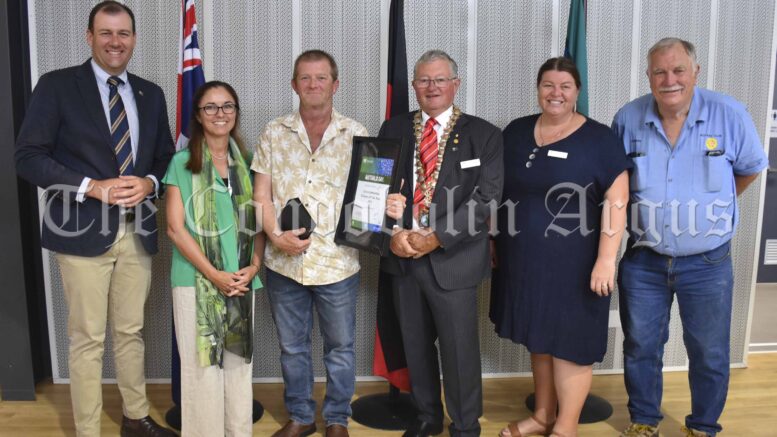 NSW Minister for Regional Transport and Roads Sam Farraway, 2023 Lachlan Shire Australia Day Ambassador Carolyn Mee, David Matheson (Condobolin) was the recipient of the 2023 Lachlan Shire Environmental Citizen of the Year Award, Lachlan Shire Mayor John Medcalf OAM, Lachlan Shire Councillor Melissa Rees and Lachlan Shire Councillor Dennis Brady. Image Credit: Melissa Blewitt.
