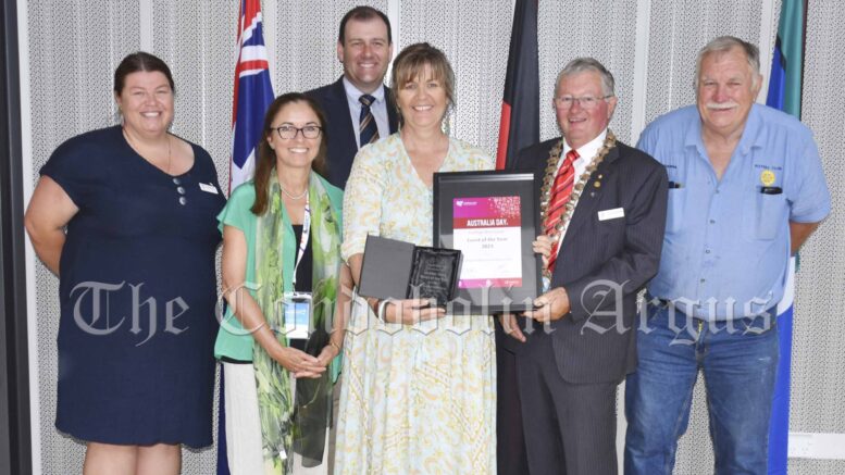 Lachlan Shire Councillor Melissa Rees, 2023 Lachlan Shire Australia Day Ambassador Carolyn Mee, NSW Minister for Regional Transport and Roads Sam Farraway, Debbie Hickson, who accepted the accolade for the 2023 Lachlan Shire Event of the Year Award, Lachlan Shire Mayor John Medcalf OAM and Lachlan Shire Councillor Dennis Brady. Image Credit: Melissa Blewitt.