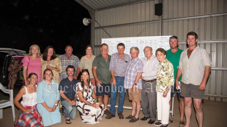 Members of the 2023 Condobolin Picnic Race Club Committee: (back row) Lily Peters, Liza Barlow, Tony Slade, Joy Gibson, James Gibson, Mark Ward, Tony Mooney, Noel Donnelly, Shirley Donnelly, Billy May and Alex Wells; together with (front, kneeling) Louise Wells, Emily Sinderberry, Daryl Reardon and Jasmine Wells. Image Credit: Kathy Parnaby.