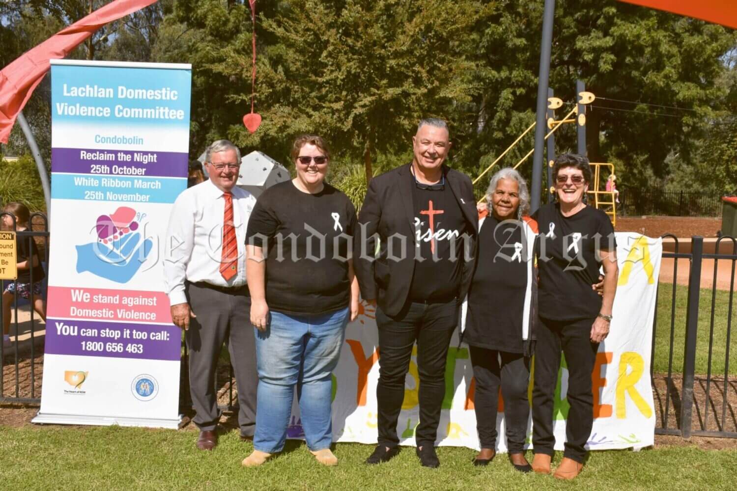 Lachlan Shire Mayor John Medcalf OAM, Central West Family Support Group Inc Executive Officer Fiona Skipworth, White Ribbon Day March guest speaker Barry Merritt, Aunty Beryl Powell and Central West Family Support Group Inc Project Officer Heather Blackley. Image Credit: Melissa Blewitt.