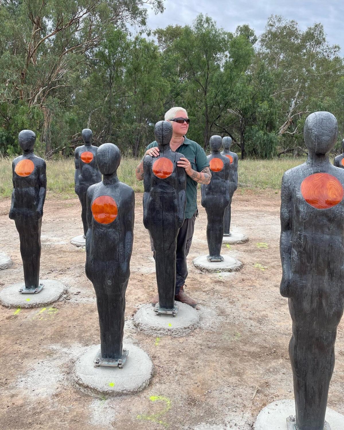 Sculptor, Clancy Warner travelled to the Lachlan Shire to oversee the installation of Between the Silence and the Heartbeat recently. Image Credit: Forbes Art Society.