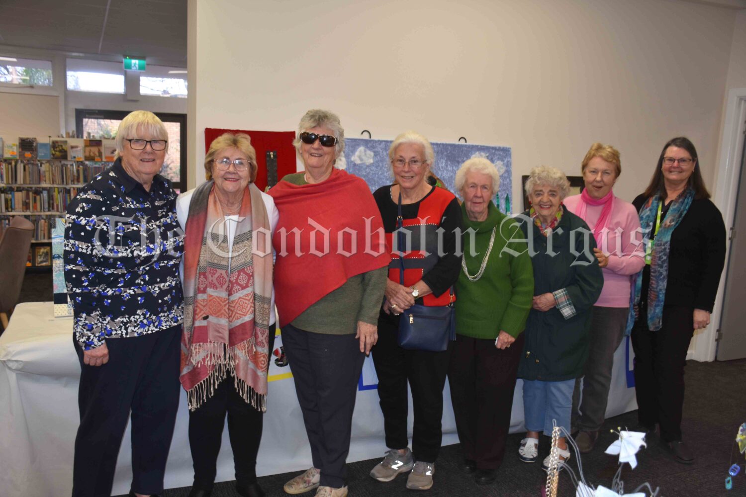 Kate Cunningham, Anne Taylor, Tess Kelly, Ruth Kelly, Fay Nash, Kaye Ticehurst, Bonnie Gwyn and Lachlan Shire Librarian Debbie Kelly enjoyed the screening of Dad and Dave: On Our Selection at the Monday Movies at the Condobolin Library recently. Image Credit: Melissa Blewitt.