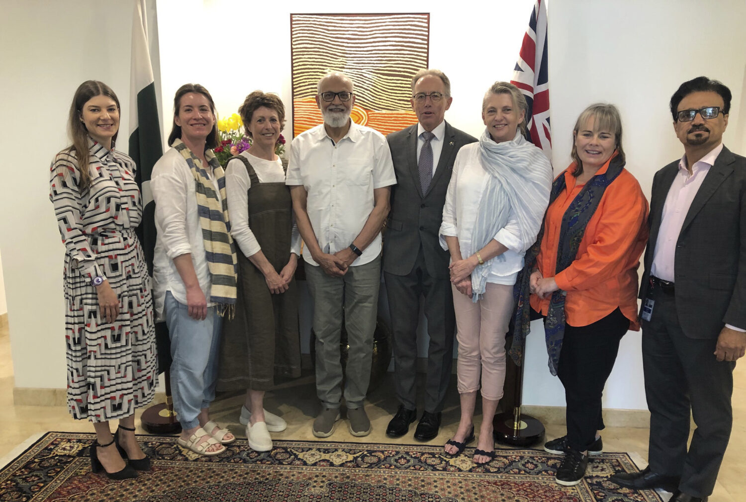 The team of researchers from Charles Sturt University (CSU) including Condobolin’s Diana Fear (third from left) with the Australian High Commissioner, Islamabad. Image Contributed.